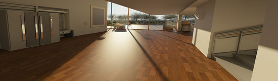 moderner großer Raum mit Holzboden, Sonne scheint in große Fensterfront