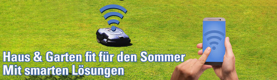 Bedienung Rasenmäher-Roboter im Garten mit Smartphone