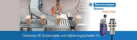 Person am Förderband, Telemecanique Logo, Produkt Osisense XC Endschalter und Näherungsschalter | © Telemecanique