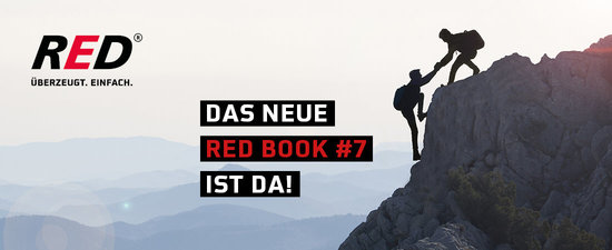 Banner mit Menschen die einen Berg hoch klettern. Darüber liegt ein Text: "Das neue RED Book 7 ist da"