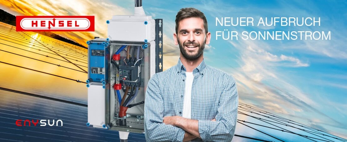 Abbildung von Solarpaneelen mit Freischaltstelle ENYSUN von Hensel mit Techniker 