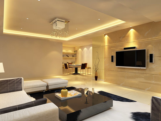  Modern eingerichtetes Wohnzimmer mit vielen Leuchtelementen.