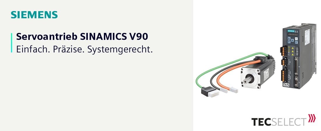 Abbildung der Komponenten des Servoantriebssystems SINAMICS V90 mit Siemens-Logo. | © Siemens. Alle Rechte vorbehalten.