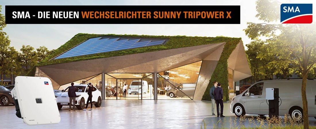 Abbildung des Wechselrichters Sunny Tripower X vor einem modernen Autohaus.