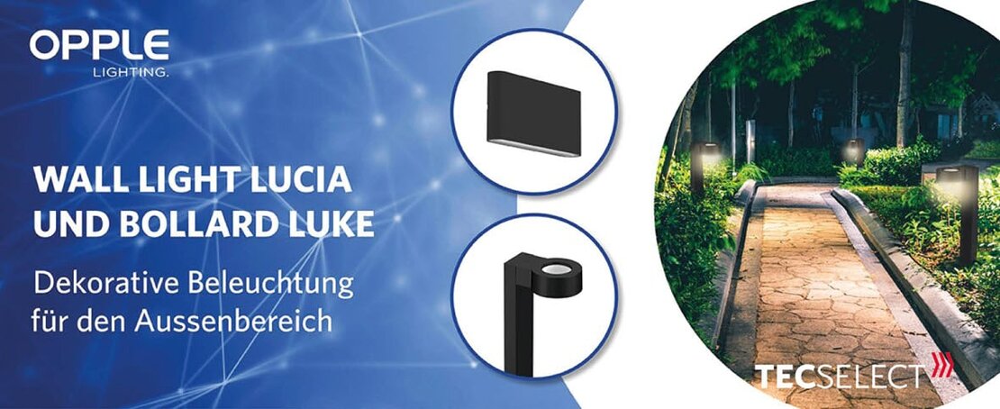 LED-Wandleuchte und Pollerleuchte mit einem eingeblendeten beleuchteten Gartenweg.