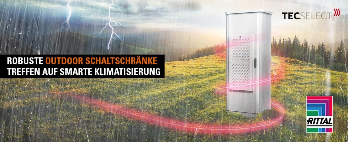 Abbildung eines Outdoor-Gehäuses von RITTAL auf der Wiese bei Regen