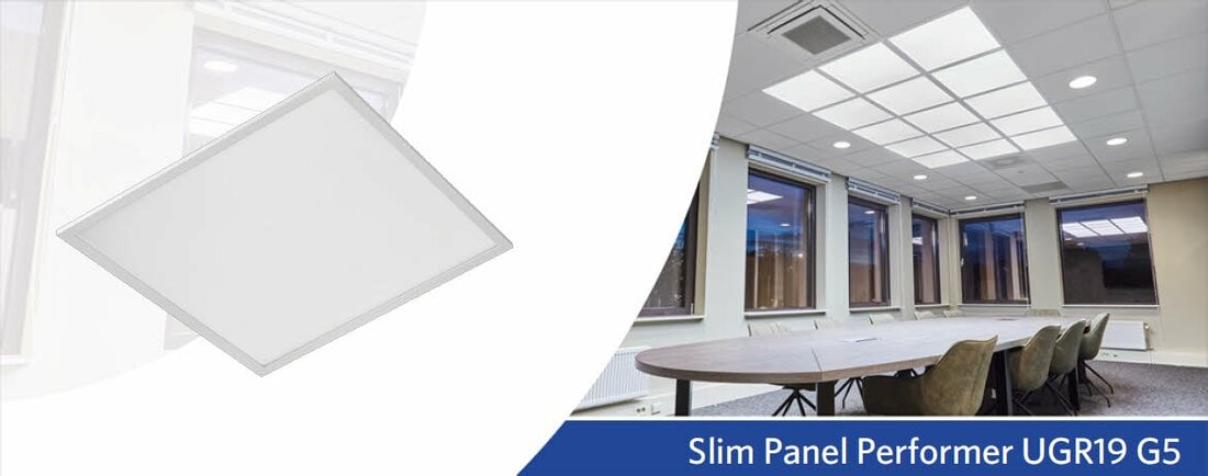 Abbildung von LED-Slim-Panels von OPPLE neben eingerichtetem Besprechungsraum.  | © Opple