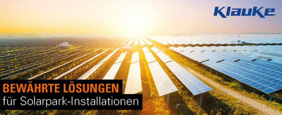 Abbildung eines Solarparks mit dem Unternehmenslogo von Klauke