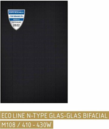 Das PV-Modul ECO LINE N-TYPE GLAS-GLAS BIFACIAL M108/410–430W von Luxor Solar ist leistungsstark und robust.