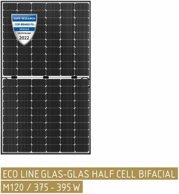 Abbildung des Halbzellen-Solarmoduls ECO LINE HALF CELL GLAS-GLAS BIFACIAL M120/375–95W von Luxor Solar