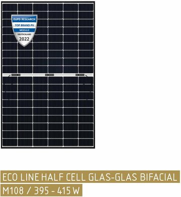 Das Halbzellen Solarmodule ECO LINE N-TYPE GLAS-GLAS BIFACIAL M108/410–430W von Luxor Solar ist leistungsstark und robust.