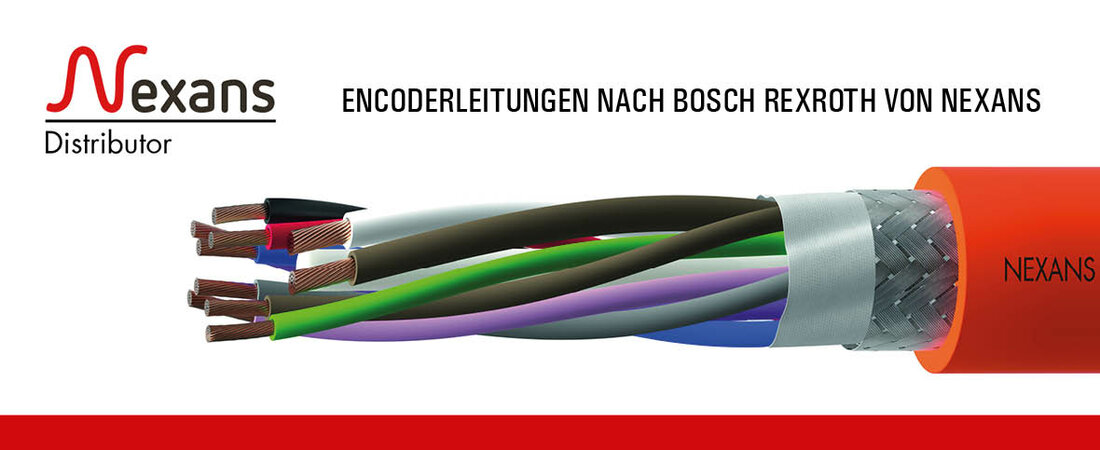 Abbildung des Kabelquerschnitts einer Encoderleitung nach Bosch Rexroth® Standard mit Unternehmenslogo von Nexans