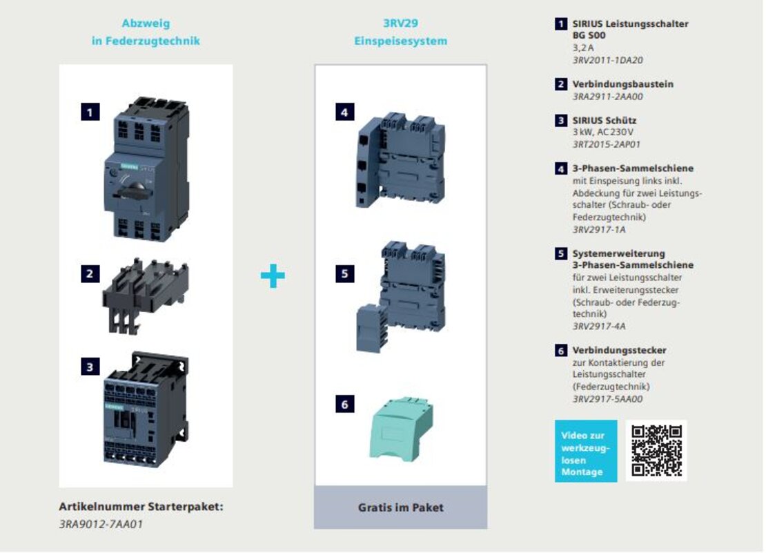 Abbildung der einzelnen Geräte des Starterkits des SIRIUS Einspeisesystems 3RV29.
